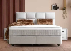 Casa Padrino Luxus Boxspringbett mit Kopfteil in Feldoptik Creme 120 x 200 cm - Luxus Schlafzimmer Möbel