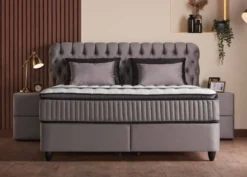 Casa Padrino Luxus Boxspringbett mit Chesterfield Kopfteil Grau 180 x 200 cm - Luxus Schlafzimmer Möbel