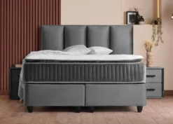 Casa Padrino Luxus Boxspringbett mit Kopfteil in Paneeloptik Grau 160 x 200 cm - Luxus Schlafzimmer Möbel