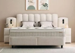 Casa Padrino Luxus Boxspringbett mit gewelltem Kopfteil und Leseleuchten Creme 180 x 200 cm - Luxus Schlafzimmer Möbel