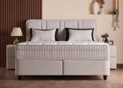 Casa Padrino Luxus Boxspringbett mit gerahmtem Kopfteil Creme 160 x 200 cm - Luxus Schlafzimmer Möbel