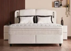 Casa Padrino Luxus Boxspringbett mit zweiteiligem Kopfteil und Leseleuchten Creme 160 x 200 cm - Luxus Schlafzimmer Möbel
