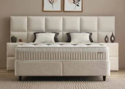 Casa Padrino Luxus Boxspringbett mit Wandkopfteil in Feldoptik Beige 160 x 200 cm - Luxus Schlafzimmer Möbel
