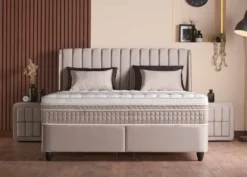 Casa Padrino Luxus Boxspringbett mit Ohrenkopfteil Beige 160 x 200 cm - Luxus Schlafzimmer Möbel