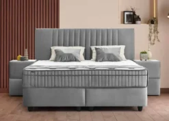 Casa Padrino Luxus Boxspringbett mit Kopfteil in Streifenoptik Grau 90 x 200 cm - Luxus Schlafzimmer Möbel