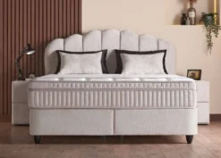 Casa Padrino Luxus Boxspringbett mit Kopfteil in Muschelform Creme 140 x 200 cm - Luxus Schlafzimmer Möbel