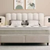 Casa Padrino Luxus Boxspringbett mit gewelltem Kopfteil und Leseleuchten Creme 160 x 200 cm - Luxus Schlafzimmer Möbel