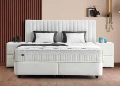 Casa Padrino Luxus Boxspringbett mit Kopfteil in Streifenoptik Weiß 160 x 200 cm - Luxus Schlafzimmer Möbel