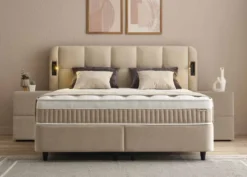 Casa Padrino Luxus Boxspringbett mit gestepptem Kopfteil und Leseleuchten Beige 180 x 200 cm - Luxus Schlafzimmer Möbel