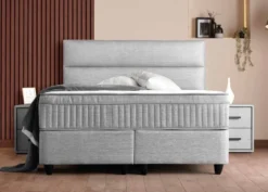 Casa Padrino Luxus Boxspringbett mit glattem Kopfteil Grau 140 x 200 cm - Luxus Schlafzimmer Möbel