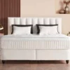 Casa Padrino Luxus Boxspringbett mit Kopfteil in Streifenoptik Creme 140 x 200 cm - Luxus Schlafzimmer Möbel