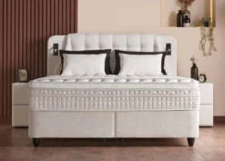 Casa Padrino Luxus Boxspringbett mit gestepptem Kopfteil und Leseleuchten Creme 160 x 200 cm - Luxus Schlafzimmer Möbel