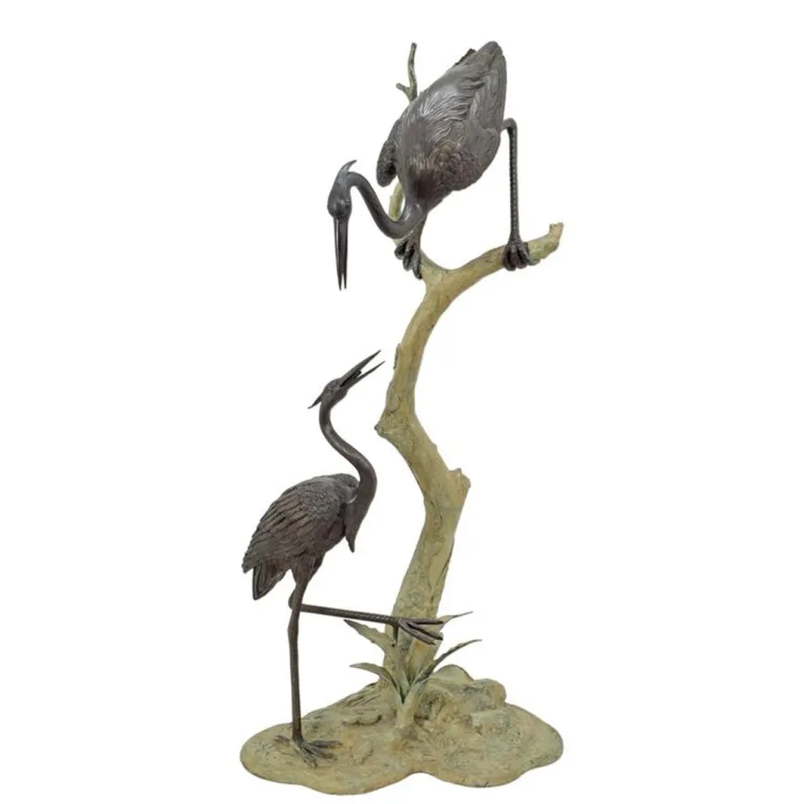 Casa Padrino Luxus Bronze Brunnen Zwei Reiher am Ast Bronze / Grün 55 x 65 x H. 148 cm - Gartenbrunnen - Wasserspiel - Gartendeko