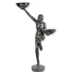 Casa Padrino Luxus Bronze Brunnen Art Deco Tänzerin mit Zwei Schalen Bronze / Schwarz 150 x 63 x H. 222 cm - Riesiger Gartenbrunnen - Wasserspiel - Garten Deko