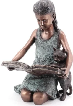 Casa Padrino Luxus Bronze Deko Skulptur Mädchen mit Katze Bronzefarben / Mintgrün 33 x 30 x H. 50 cm - Deko Figur - Wohnzimmer Deko - Schreibtisch Deko - Luxus Kollektion