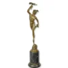 Casa Padrino Luxus Bronzefigur Merkur mit Flugzeug Bronze / Schwarz 15,1 x 24,5 x H. 71,8 cm - Bronze Skulptur mit Marmorsockel - Merkur Deko Figur - Luftfahrt Deko