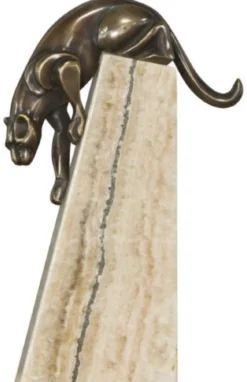 Casa Padrino Luxus Bronzefigur Panther Bronze / Beige 17 x 6 x H. 28 cm - Elegante Dekofigur auf Natursteinsockel
