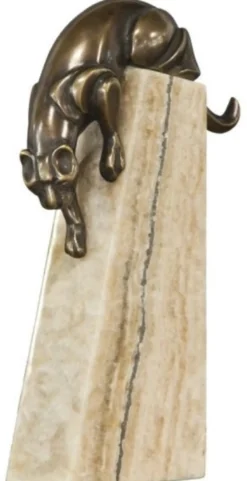 Casa Padrino Luxus Bronzefigur Panther Bronze / Beige 17 x 6 x H. 28 cm - Elegante Dekofigur auf Natursteinsockel