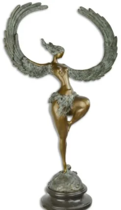 Casa Padrino Luxus Bronze Skulptur Frau mit Flügeln Bronze / Grau / Schwarz 49,7 x 23,8 x H. 90,4 cm - Bronzefigur mit Marmor Sockel