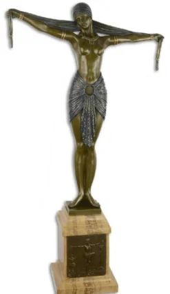 Casa Padrino Luxus Bronze Skulptur Tänzerin mit Schal Bronze / Blau / Beige 46,2 x 18,8 x H. 82,1 cm - Bronzefigur mit Marmorsockel - Dekofigur