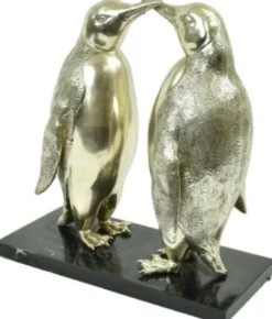 Casa Padrino Luxus Bronze Skulptur Pinguin Paar Silber / Schwarz 39 x 18 x H. 42 cm - Versilberte Bronzefiguren mit Marmorsockel