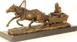 Casa Padrino Luxus Bronze Skulptur Pferd zieht Schlitten Bronze / Gold / Schwarz 42,1 x 13 x H. 19 cm - Luxus Qualität