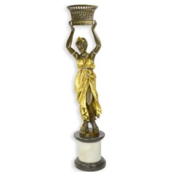 Casa Padrino Luxus Bronze Skulptur Orientalische Trägerin mit Schale auf Marmorsäule Bronze / Gold H. 188 cm - Bronzefigur mit Marmorsockel - Deko Figur