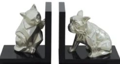 Casa Padrino Luxus Buchstützen Set Katze & Hund Silber / Schwarz 18 x 18 x H. 10 cm - Deko Bronzefiguren mit Holzsockel