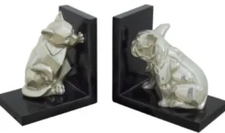 Casa Padrino Luxus Buchstützen Set Katze & Hund Silber / Schwarz 18 x 18 x H. 10 cm - Deko Bronzefiguren mit Holzsockel