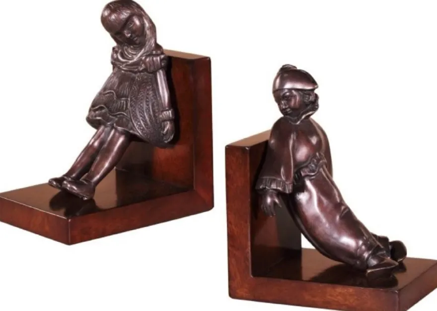 Casa Padrino Luxus Buchstützen Set Mädchen & Clown Bronze / Braun 14 x 10 x H. 17 cm - Deko Bronzefiguren mit Holzsockel