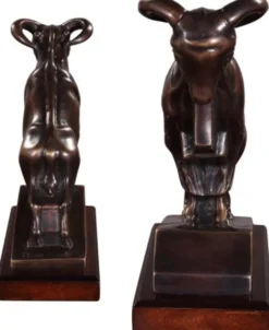 Casa Padrino Luxus Buchstützen Set Widder Bronze / Dunkelbraun 17 x 8 x H. 20 cm - Deko Bronzefiguren mit Mahagoni Holzsockel