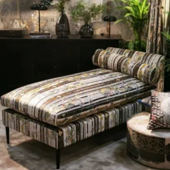 Casa Padrino Luxus Chaiselongue mit Streifen Mehrfarbig / Schwarz 84 x 164 x H. 80 cm - Wohnzimmer Liegesessel - Recamiere - Wohnzimmer Möbel - Luxus Möbel