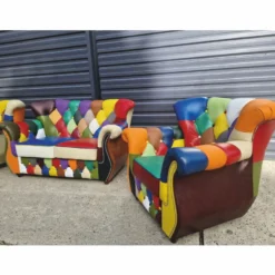 Casa Padrino Luxus Chesterfield Leder Wohnzimmer Set Bunt / Dunkelbraun - Patchwork Echtleder Möbel