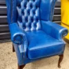 Casa Padrino Luxus Chesterfield Ohrensessel Blau / Dunkelbraun 98 x 90 x H. 110 cm - Echtleder Chesterfield Wohnzimmer Sessel - Wohnzimmer Möbel - Chesterfield Möbel - Luxus Leder Möbel
