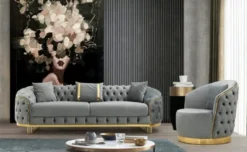 Casa Padrino Luxus Chesterfield Sessel Grau / Gold 90 x 95 x H. 75 cm - Moderner Wohnzimmer Sessel - Chesterfield Wohnzimmer Möbel