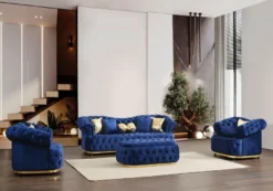 Casa Padrino Luxus Chesterfield Samt Sofa Blau / Gold / Schwarz 240 cm