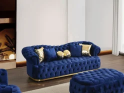 Casa Padrino Luxus Chesterfield Samt Sofa Blau / Gold / Schwarz 240 cm