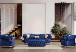 Casa Padrino Luxus Chesterfield Samt Sofa Blau / Gold / Schwarz 240 cm