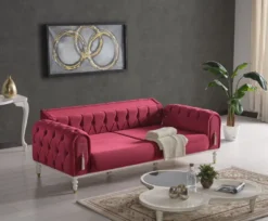 Casa Padrino Luxus Chesterfield Schlafsofa Rot / Weiß / Gold 230 x 95 x H. 83 cm - Wohnzimmer Sofa mit 3 Kissen - Luxus Wohnzimmer Möbel