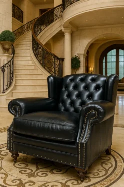 Casa Padrino Luxus Chesterfield Leder Ohrensessel Schwarz / Dunkelbraun - Chesterfield Echtleder Wohnzimmer Sessel - Wohnzimmer Möbel - Chesterfield Möbel - Echtleder Möbel - Luxus Möbel