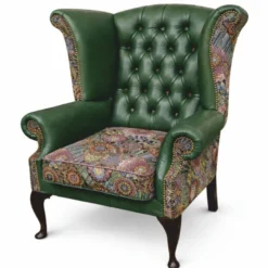 Casa Padrino Luxus Chesterfield Leder Ohrensessel Grün / Bunt / Dunkelbraun H. 110 cm