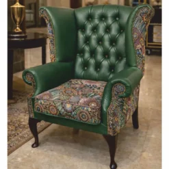 Casa Padrino Luxus Chesterfield Leder Ohrensessel Grün / Bunt / Dunkelbraun H. 110 cm