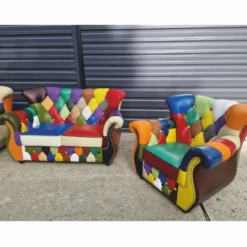 Casa Padrino Luxus Chesterfield Leder Sessel Bunt / Dunkelbraun - Patchwork Chesterfield Möbel