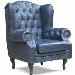 Casa Padrino Luxus Chesterfield Echtleder Ohrensessel Vintage Blau / Dunkelbraun