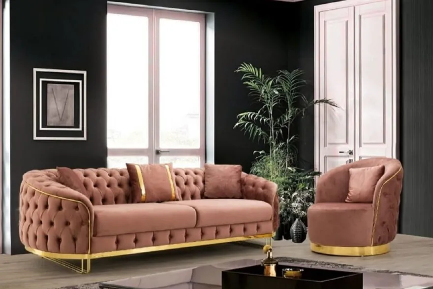 Casa Padrino Luxus Chesterfield Sessel Rosa / Gold 90 x 95 x H. 75 cm - Moderner Wohnzimmer Sessel - Chesterfield Wohnzimmer Möbel