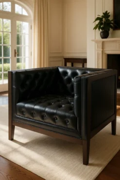 Casa Padrino Luxus Chesterfield Leder Sessel Schwarz / Braun 91 x 78 x H. 72 cm - Chesterfield Echtleder Wohnzimmer Sessel - Chesterfield Möbel - Echtleder Möbel - Luxus Möbel