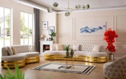 Casa Padrino Luxus Chesterfield 4er Sofa Creme / Gold 340 x 105 x H. 82 cm - Gebogenes Chesterfield Wohnzimmer Sofa - Wohnzimmer Möbel - Chesterfield Möbel - Luxus Möbel - Luxus Einrichtung