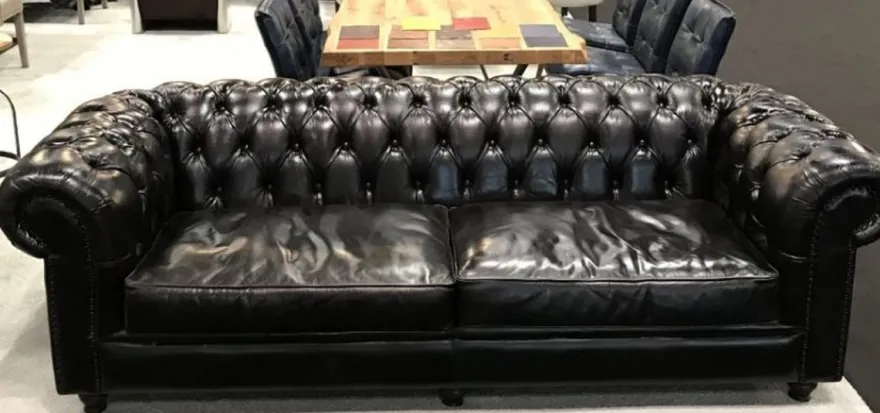 Casa Padrino Luxus Chesterfield Leder Sofa Schwarz 240 x 100 x H. 80 cm - Echtleder Wohnzimmer Sofa - Wohnzimmer Möbel - Chesterfield Möbel - Luxus Möbel - Luxus Wohnzimmer Einrichtung