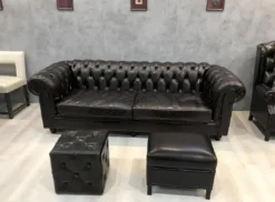 Casa Padrino Luxus Chesterfield Leder Sofa Schwarz 240 x 100 x H. 80 cm - Echtleder Wohnzimmer Sofa - Wohnzimmer Möbel - Chesterfield Möbel - Luxus Möbel - Luxus Wohnzimmer Einrichtung