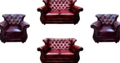 Casa Padrino Luxus Chesterfield Echtleder Wohnzimmer Set Bordeauxrot / Braun / Silber - 2 Leder Sofas & 2 Leder Sessel - Wohnzimmer Möbel - Chesterfield Möbel